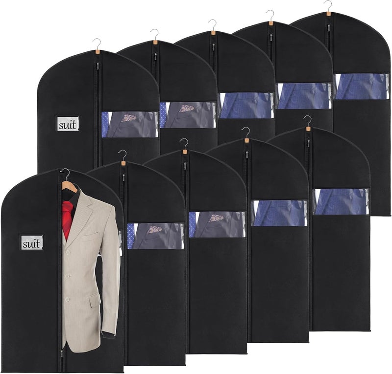 KEEGH 40" Suit Cover Bags for Men (Set of 10) Garment Bags for Hanging Clothes, Suit Bags for Closet Storage or Travel, Clothes Cover for Suits Coats with Clear Window and Label Pocket, Black - Image 1